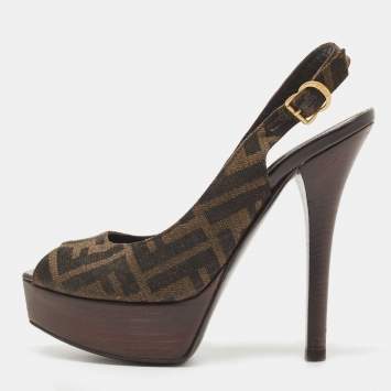 Pre Owned Fendi Tobacco Zucca Canvas FF Slingback Pumps Size 37