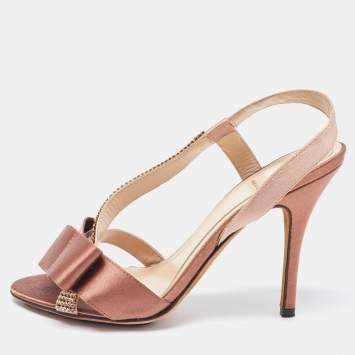 Pre Owned Fendi Beige Satin Crystal Embellished Bow Slingback Sandals Size 37