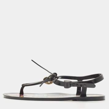 مملوكة مسبقًا Fendi Black Jelly T-strap Slingback Flat Sandals Size 38