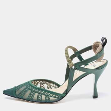 Pre Owned Fendi Green Leather and Mesh Colibri Lite Slingback Pumps Size 38.5