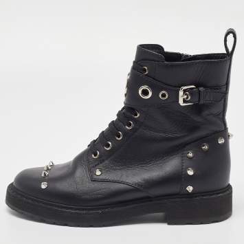Pre Owned Fendi Black Leather Studded Ankle Boots Size 36