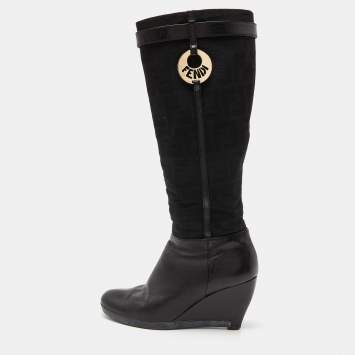 Pre Owned Fendi Black Leather and Zucca Fabric Calf Length Wedge Boots Size 37