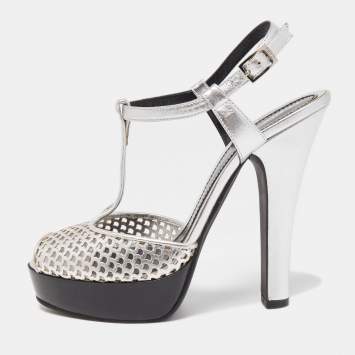 Pre Owned Fendi Metallic Silver Laser Cut Leather T-Strap Peep Toe Platform Sandals Size 40