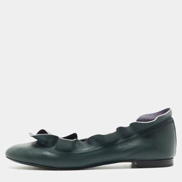 Pre Owned Fendi Green/Blue Leather Ruffle Detail Ballet Flats Size 38.5