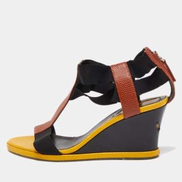 Pre Owned Fendi Brown/Yellow Lizard Embossed  Leather T-Strap Espadrille Wedge Sandals Size 38.5