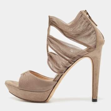 Pre Owned Fendi Beige Grey Suede and Mesh Ankle Strap Sandals Size 36.5