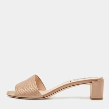 Pre Owned Fendi Beige Satin Logo Slides Size 37.5