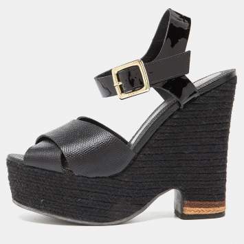 Pre Owned Fendi Black Lizard Embossed Leather and Patent Cork Wedge Platform Ankle Strap Sandals Size 39.5
