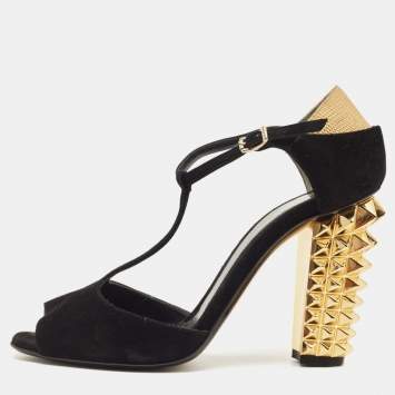 Pre Owned Fendi Black/Gold Suede And Embossed Leather Studded Heel T-Strap Sandals Size 38