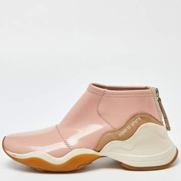 Pre Owned Fendi Pink Leather and Suede Zip Detail FFluid Slip On Sneakers Size 37.5