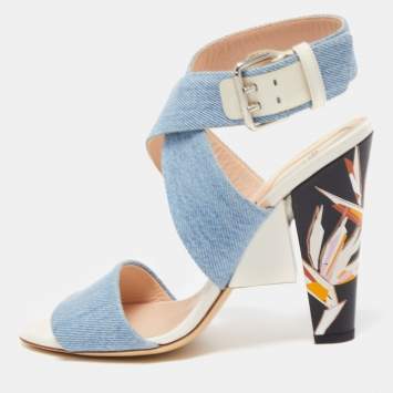 Pre Owned Fendi Blue Denim Buckle Detail Floral Heel Ankle Wrap Sandals Size 39