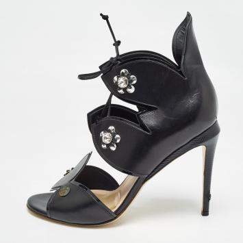 Pre Owned Fendi Black Leather Lace Up Crystal Embellished Sandals Size 40