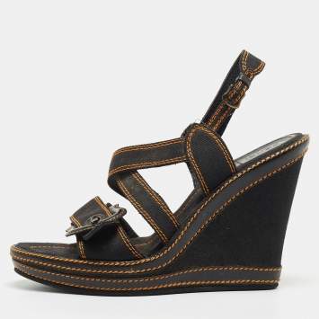 Pre Owned Fendi Black Canvas B Buckle Platform Wedge Sandals Size 39.5