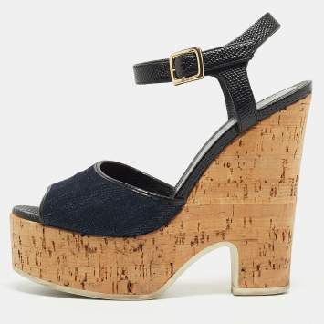 Pre Owned Fendi Navy Blue/Black Denim and Lizard Embossed Leather Cork Wedge Platform Ankle Strap Sandals Size 38