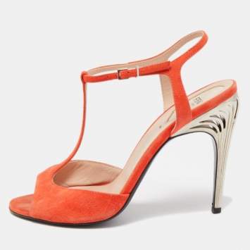 Pre Owned Fendi Orange Suede T-Bar Ankle Strap Sandals Size 39