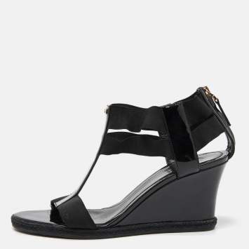 Pre Owned Fendi Black Patent Leather Ankle Strap Wedge Sandals Size 38