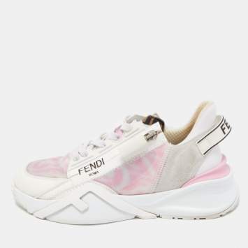 Pre Owned Fendi White/Pink Leather and Zucca Mesh Low Top Sneakers Size 36