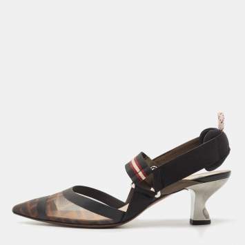 Pre Owned Fendi Multicolor Mesh and Canvas Colibri Slingback Pumps Size 39.5