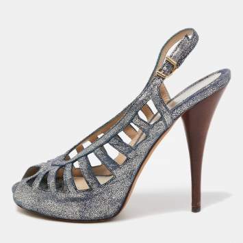 Pre Owned Fendi Blue/Silver Texture Suede Slingback Pumps Size 38.5