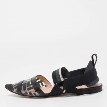 مملوكة مسبقًا Fendi Black Zucca PVC and Leather Colibri Slingback Flats Size 36
