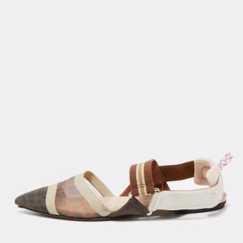 مملوكة مسبقًا Fendi Brown Zucca Mesh and Leather Colibri Slingback Flats Size 37
