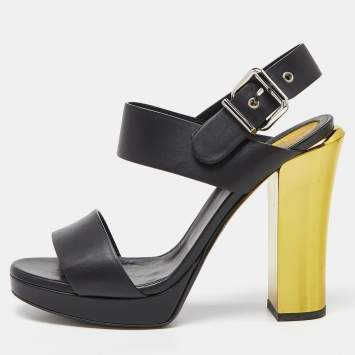 Pre Owned Fendi Black Leather Plateau Block Heel Sandals Size 39