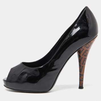 Pre Owned Fendi Black Patent Leather Peep Toe Platform Pumps Size 36