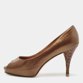Pre Owned Fendi Metallic Brown Leather Zucca Heel Peep Toe Pumps Size 36