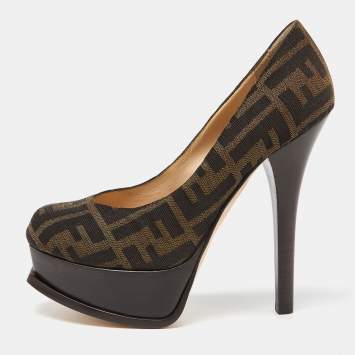 Pre Owned Fendi Brown Tobacco Zucca Canvas Fendista Platform Pumps Size 36.5