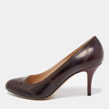 Pre Owned Fendi Brown Leather Perforated Brogue Detail Pumps Size 39.5