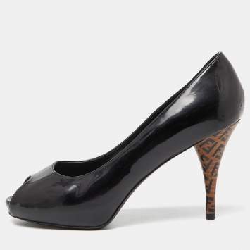 Pre Owned Fendi Black Patent Leather FF Heel Peep Toe Pumps Size 38