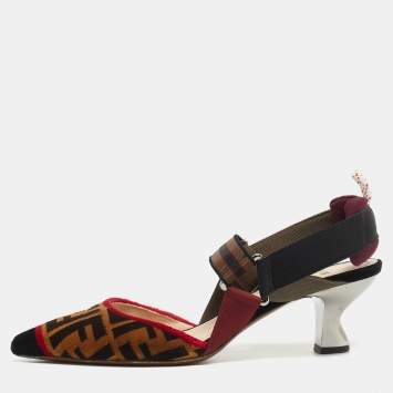 Pre Owned Fendi Brown/Black Zucca Velvet Colibri Slingback Pumps Size 39