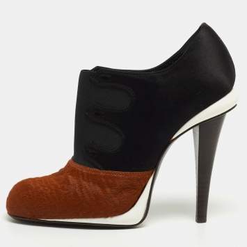 Pre Owned Fendi Brown/Black Calf Hair and Satin Ankle Booties Size 37
