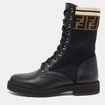 Pre Owned Fendi Black Leather and Zucca Stretch Fabric Rockoko Combat Boots Size 38