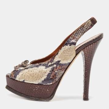 Pre Owned Fendi Tricolor Python Bow Fendista Slingback Pumps Size 39.5