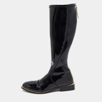 مملوكة مسبقًا Fendi Black Patent Leather Knee Length Boots Size 39.5