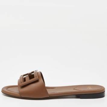 Pre Owned Fendi Brown Leather Flat Slide Size 38