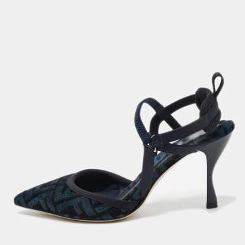 Pre Owned Fendi Navy Blue/Black Zucca Velvet Colibri Pumps Size 37.5