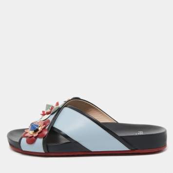 مملوكة مسبقًا Fendi Blue/Black Leather Flowerland Slides Size 36