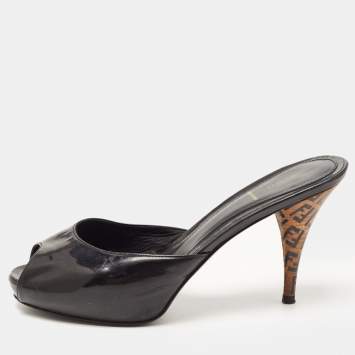 Pre Owned Fendi Black Patent Leather Peep Toe Platform Slide Sandals Size 39