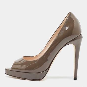 Pre Owned Fendi Brown Patent Leather Peep Toe Pumps Size 37