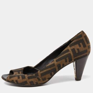 Pre Owned Fendi Brown Zucca Canvas Peep Toe Pumps Size 37