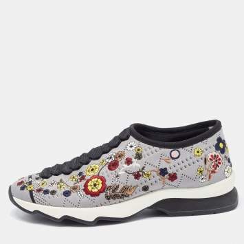 Pre Owned Fendi Grey Floral Embroidered Knit Fabric Slip On Sneakers Size 38