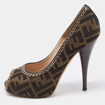 Pre Owned Fendi Brown Zucca Canvas Chain Embellished Peep Toe Pumps Size 37