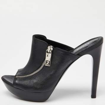 Pre Owned Fendi Black Leather Zipped Heel Mule Size 39.5 