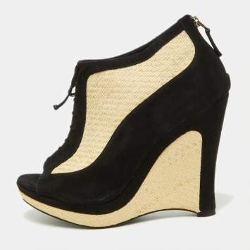 Pre Owned Fendi Black/Beige Suede and Raffia Wedge Peep Toe Booties Size 37