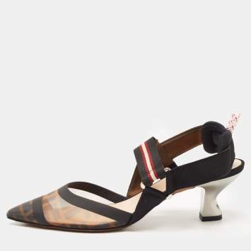 Pre Owned Fendi Black/Brown Zucca Mesh and Leather Colibri Pumps Size 38.5