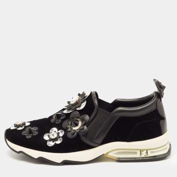 Pre Owned Fendi Black Velvet and Leather Flowerland Slip On Sneakers Size 39
