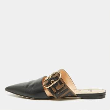 Pre Owned Fendi Black/Tobacco Zucca Leather Flat Mule Sandals Size 37