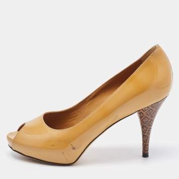 Pre Owned Fendi Beige Patent Leather Zucca Heel Peep Toe Pumps Size 37